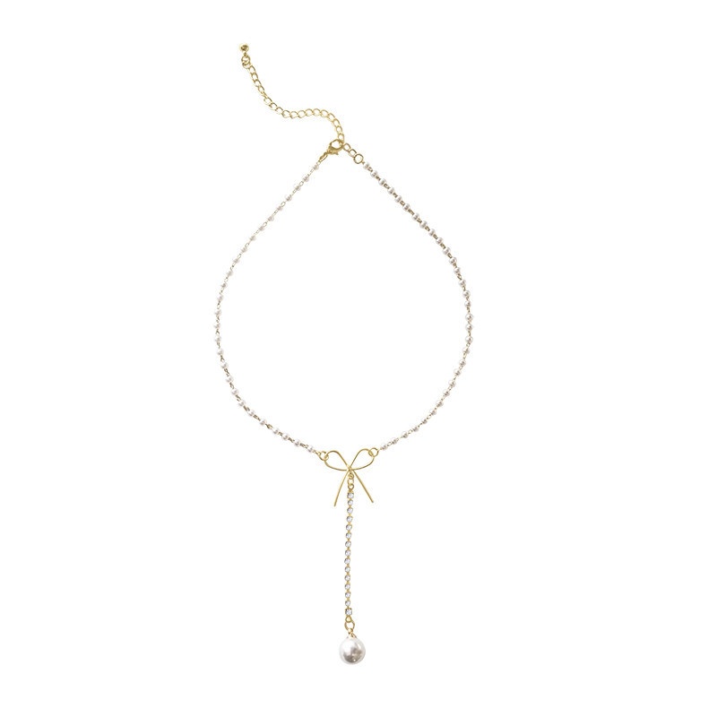 korean niche design bowknot pearl necklace female ins cold style